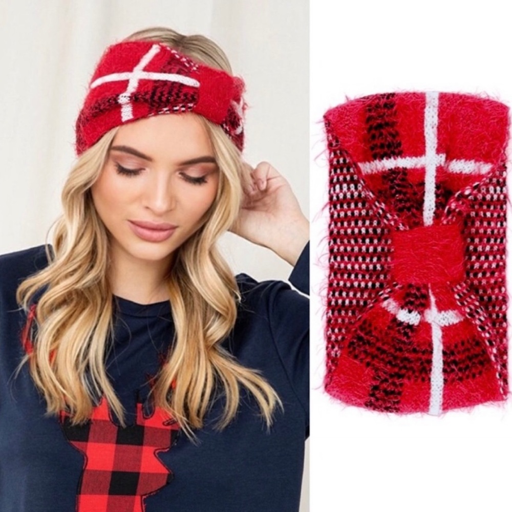 New! Red plaid womens fuzzy ear warming headwrap winter headband